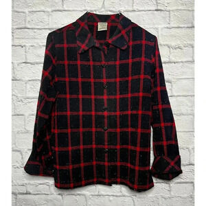 Allison Daley red and black plaid button up shirt blouse shimmery size 14.